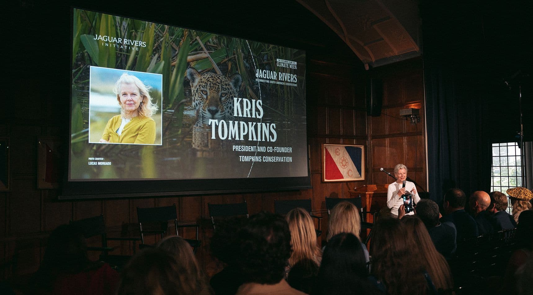 Kris Tompkins, president and co-founder of Tompkins Conservation introducing the panel. Photo by Explorers Club.