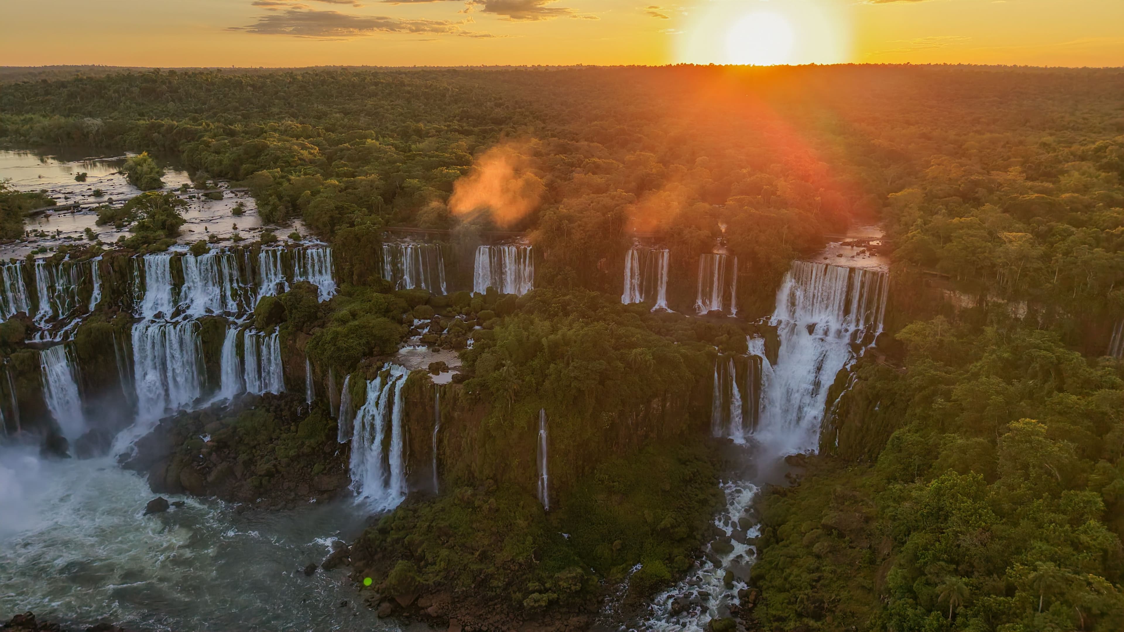 Aerial view of sunset over the Iguazu Falls, Argentina.
